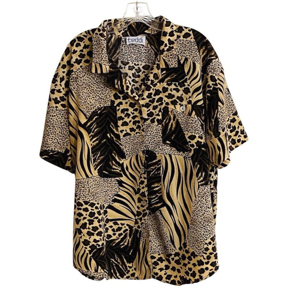 TEDDI  Women's Size 3X Pullover Top Beige Black Patchwork Animal Print Safari